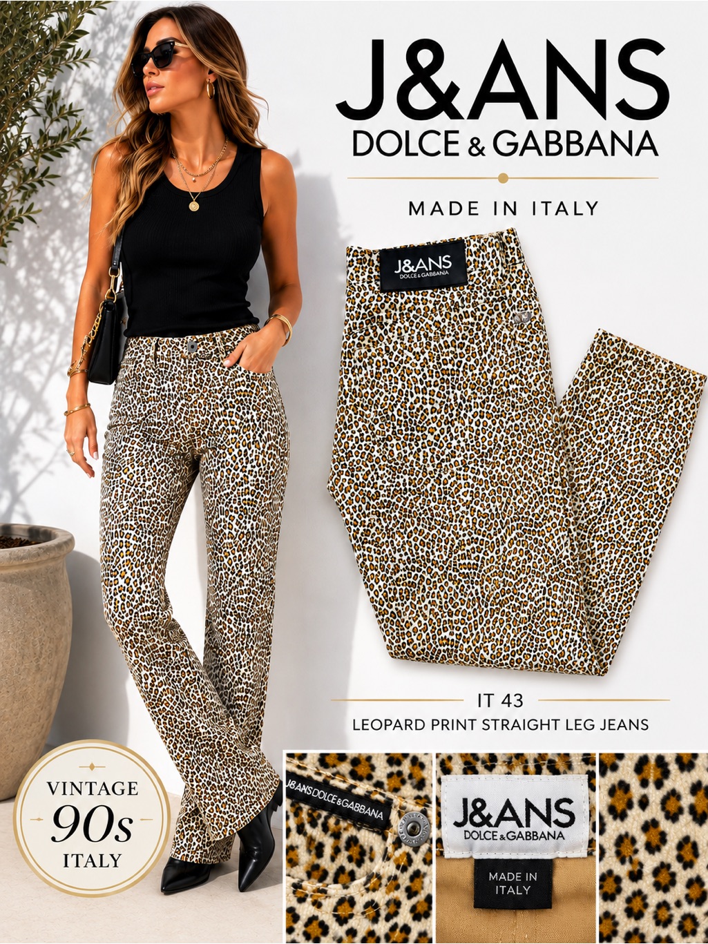 Dolce & Gabbana J&Ans Leopard Print Straight Leg Jeans Vintage Women’s It 43/29”